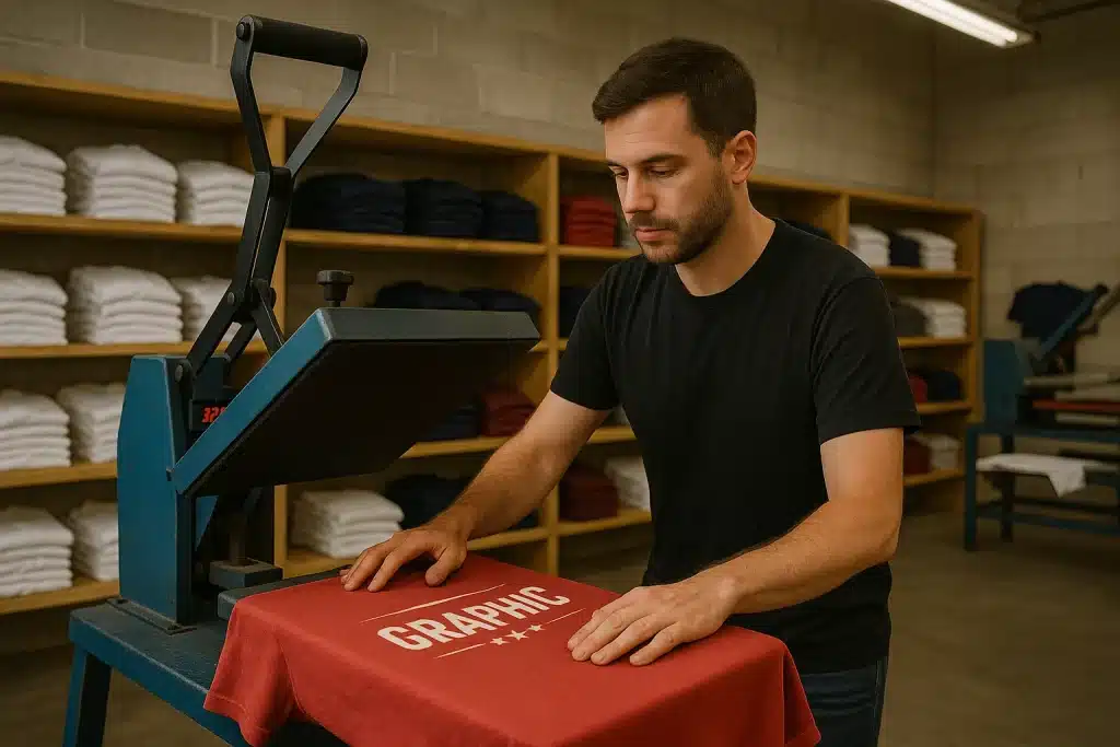 Persona trabajando en un taller de estampación textil, colocando una camiseta roja bajo una plancha térmica para estamparla, con estanterías llenas de ropa al fondo y ambiente de taller profesional.