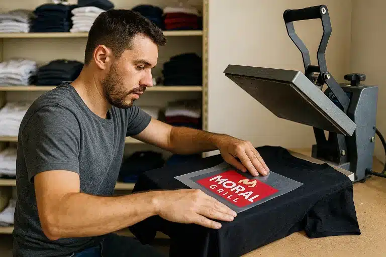 Persona estampando una camiseta con plancha térmica mediante la técnica DTF en el taller de Estampia en Altea
